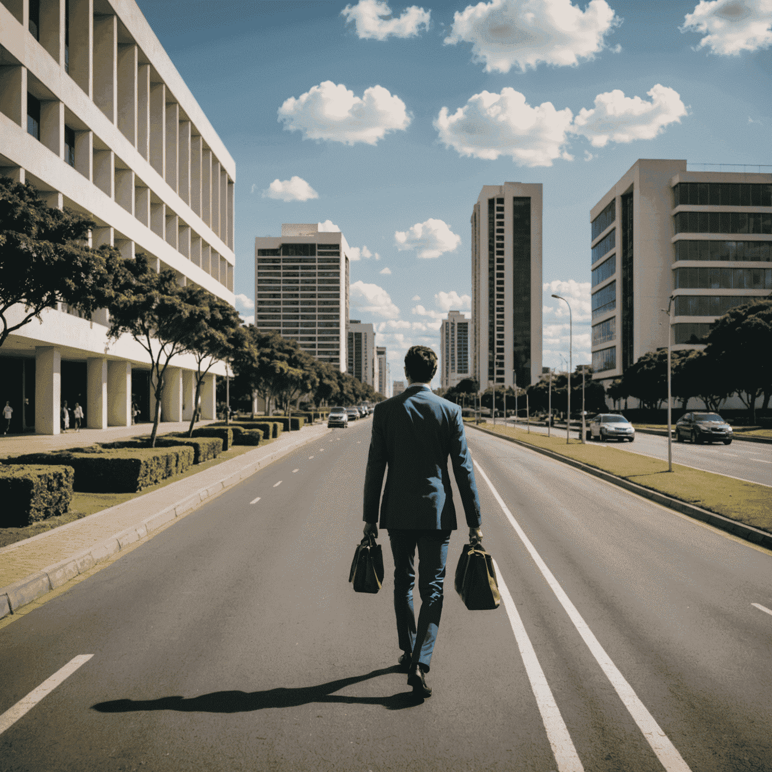 Imagem de uma pessoa elegantemente vestida caminhando por uma rua de Brasília, com prédios modernos ao fundo, representando a fusão de estilo pessoal com arquitetura urbana