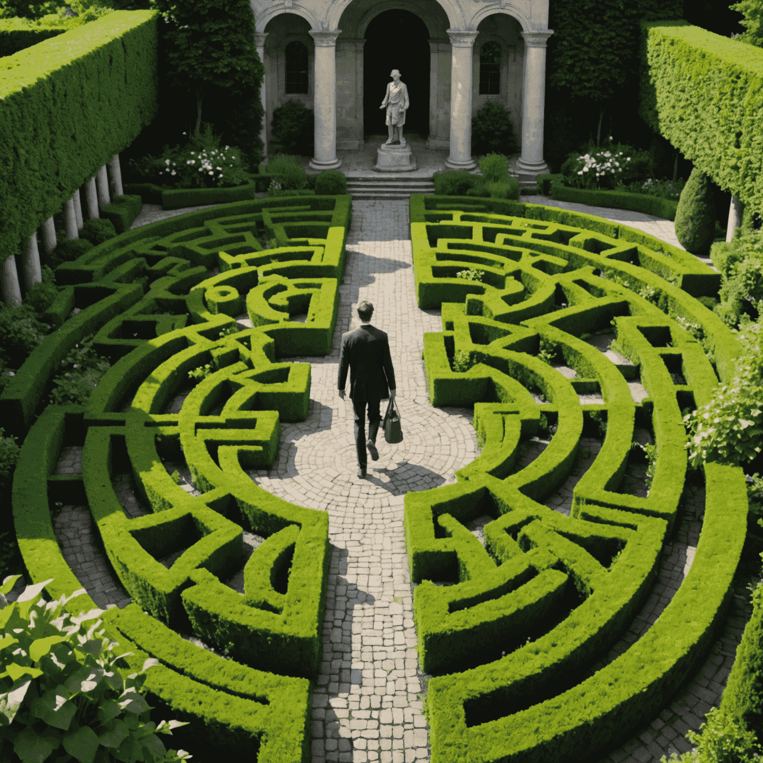 Imagem conceitual representando Finesse Serendipidade: uma pessoa em trajes elegantes caminhando por um labirinto de jardim bem cuidado, com elementos surpreendentes como esculturas modernas e fontes inesperadas