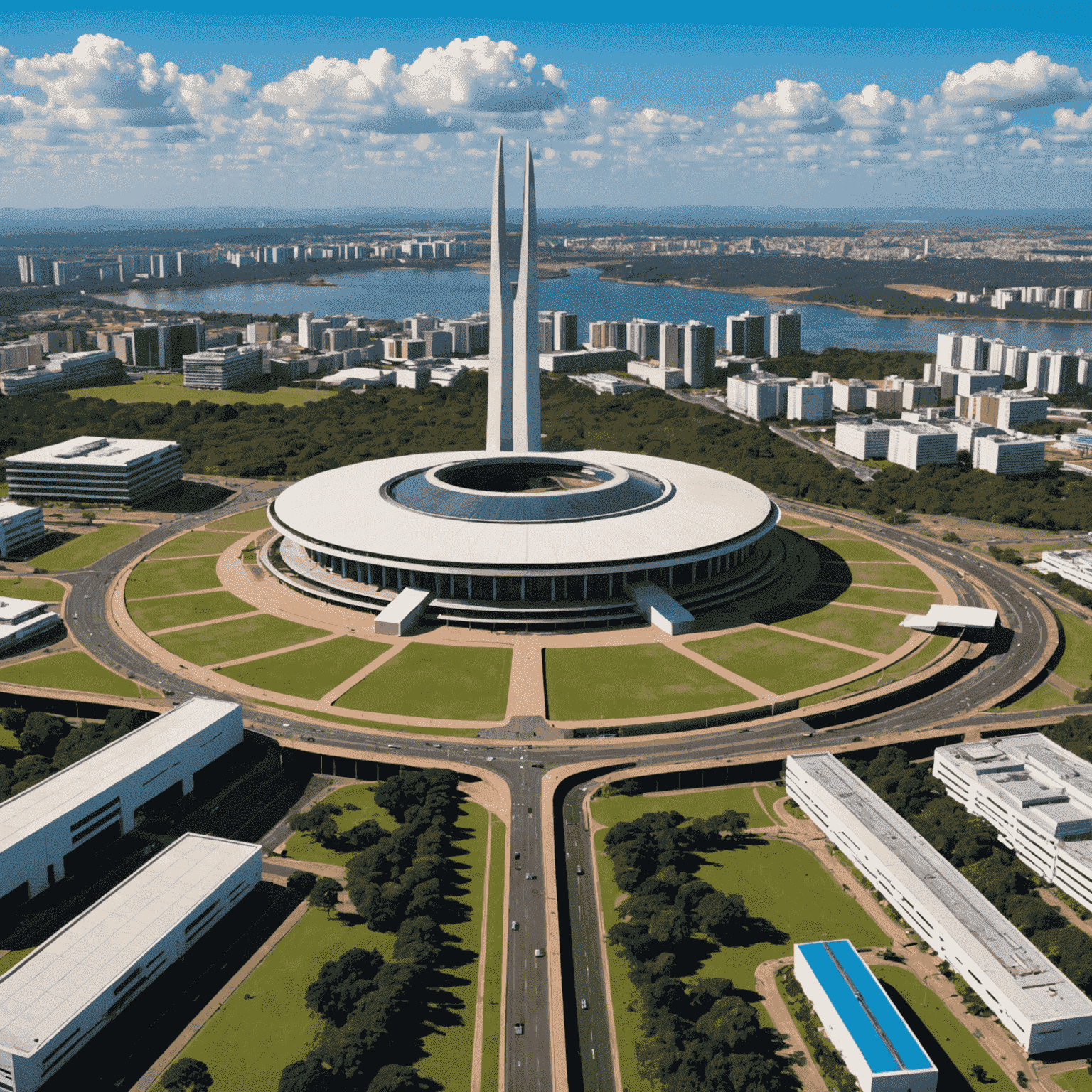 Vista panorâmica de Brasília com o Congresso Nacional em primeiro plano, capturando a essência arquitetônica única da cidade. O céu está em um tom vibrante de azul, contrastando com as linhas modernas e ousadas dos edifícios.