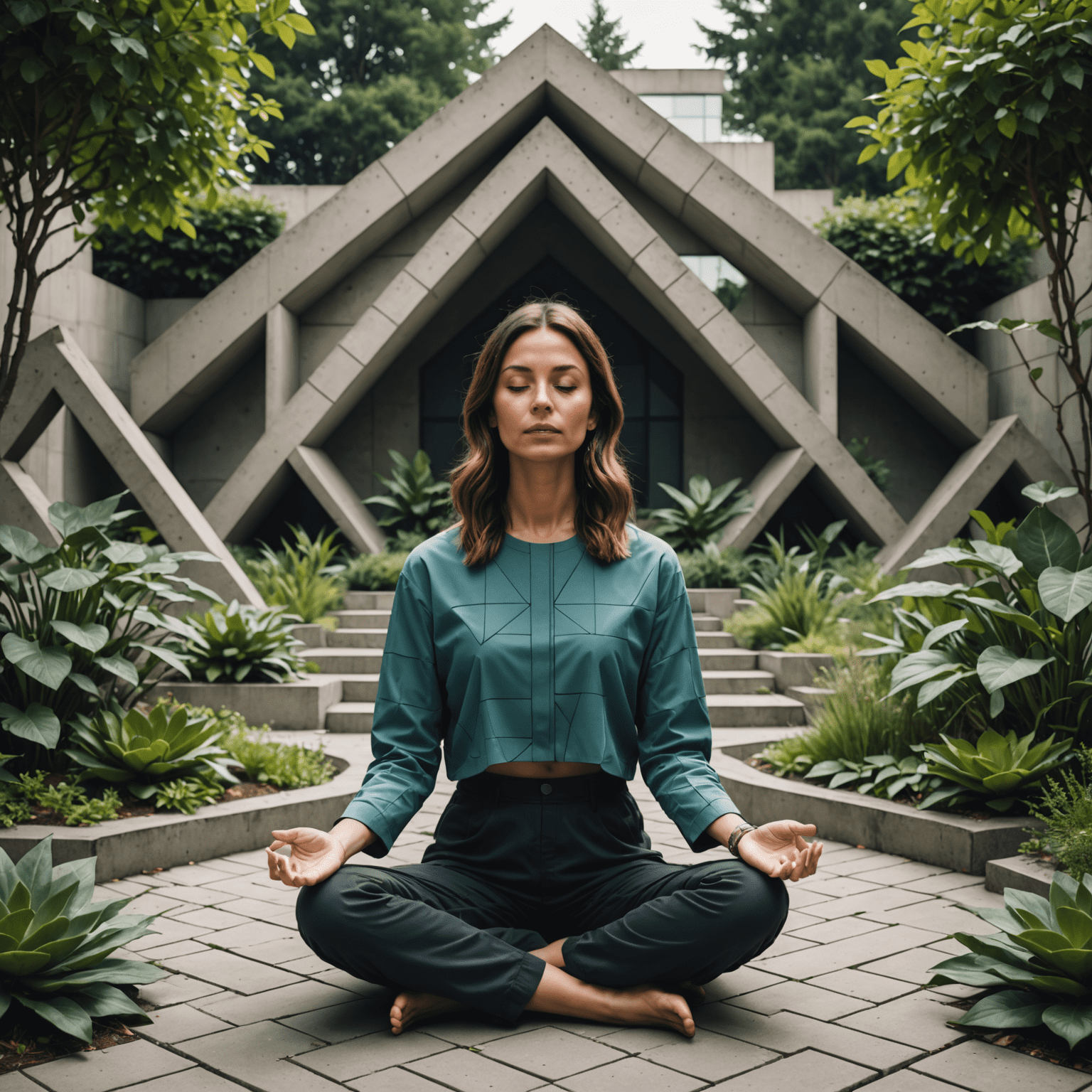 Maria meditando em um jardim geométrico com formas brutalistas