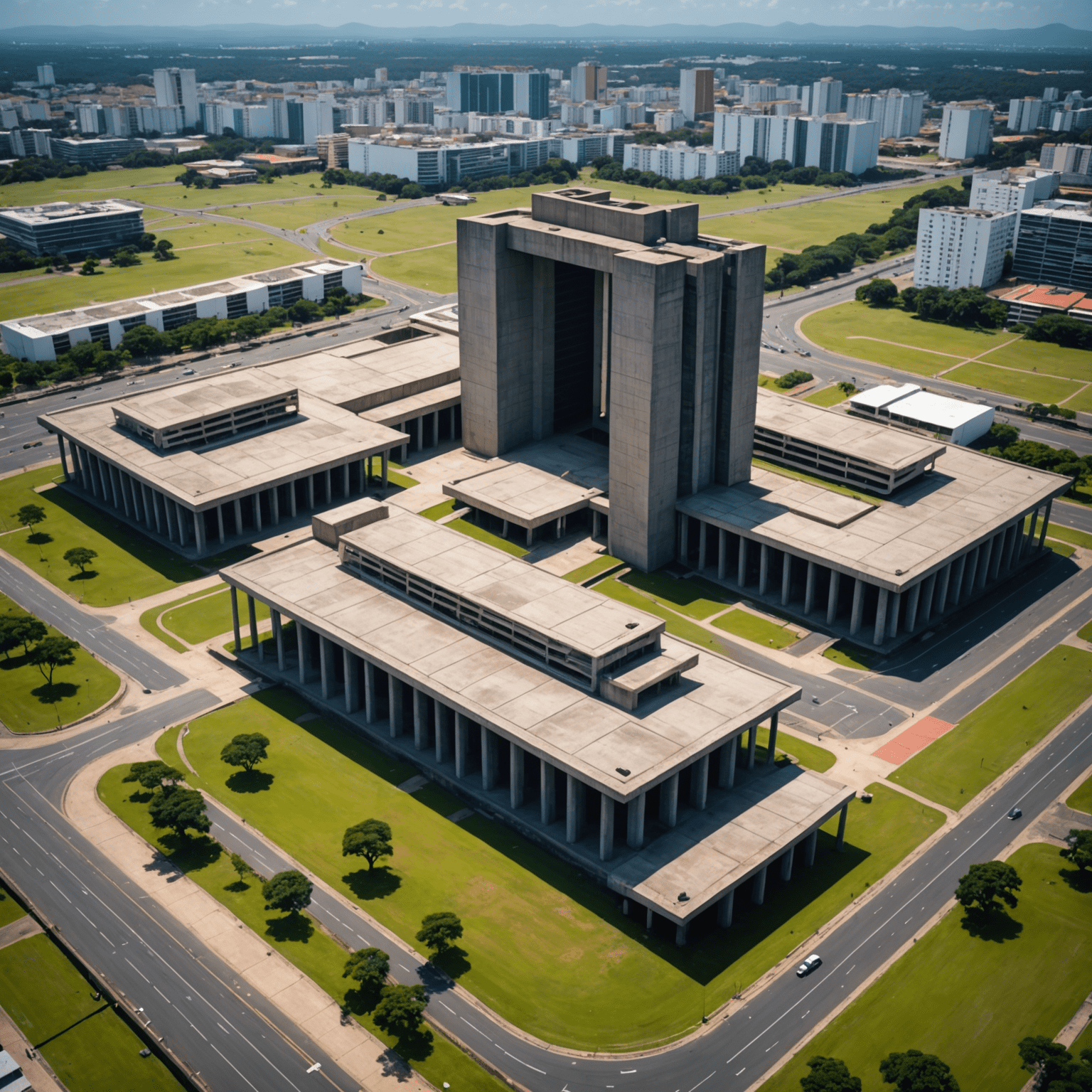 Imagem mostrando pontos turísticos de Brasília em estilo brutalist, com cores vibrantes e contrastes fortes