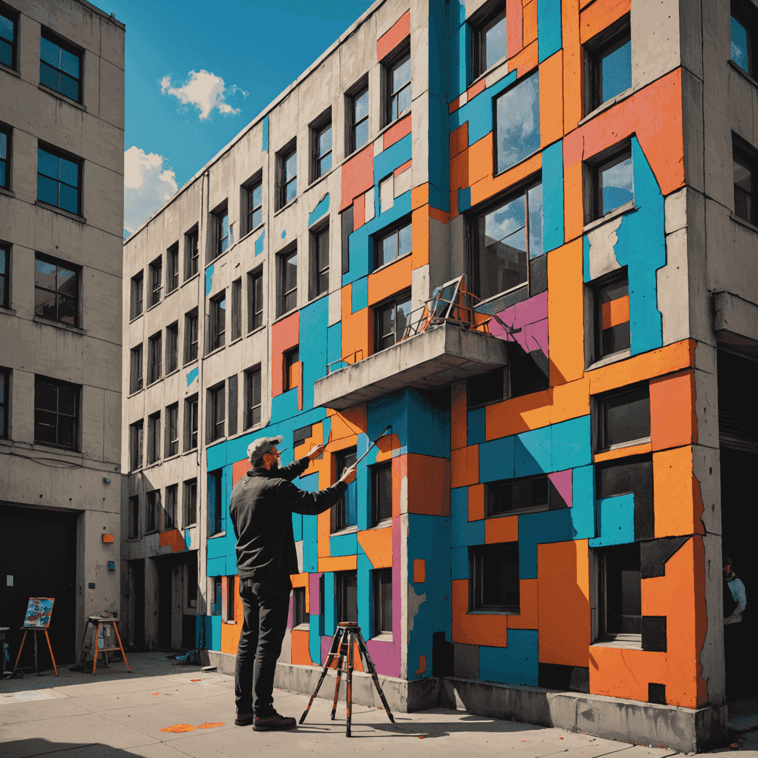 João pintando um mural abstrato com cores vibrantes em um prédio brutalista