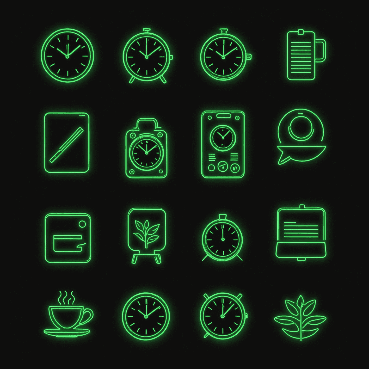 Uma série de ícones minimalistas em verde neon sobre fundo preto, representando diferentes rotinas diárias transformadas em momentos de graça e elegância.