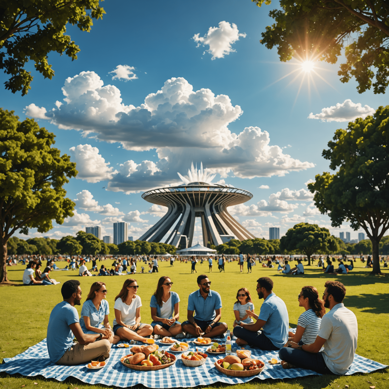 Um grupo diversificado de pessoas participando de um piquenique espontâneo no Parque da Cidade, com o icônico céu de Brasília ao fundo, capturando a essência da comunidade e serendipidade.