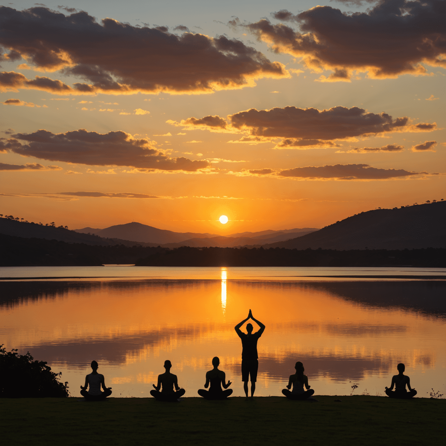 Um pôr do sol espetacular visto do Pontão do Lago Sul, com silhuetas de pessoas praticando ioga e meditação, capturando a fusão entre natureza, arquitetura e bem-estar em Brasília.