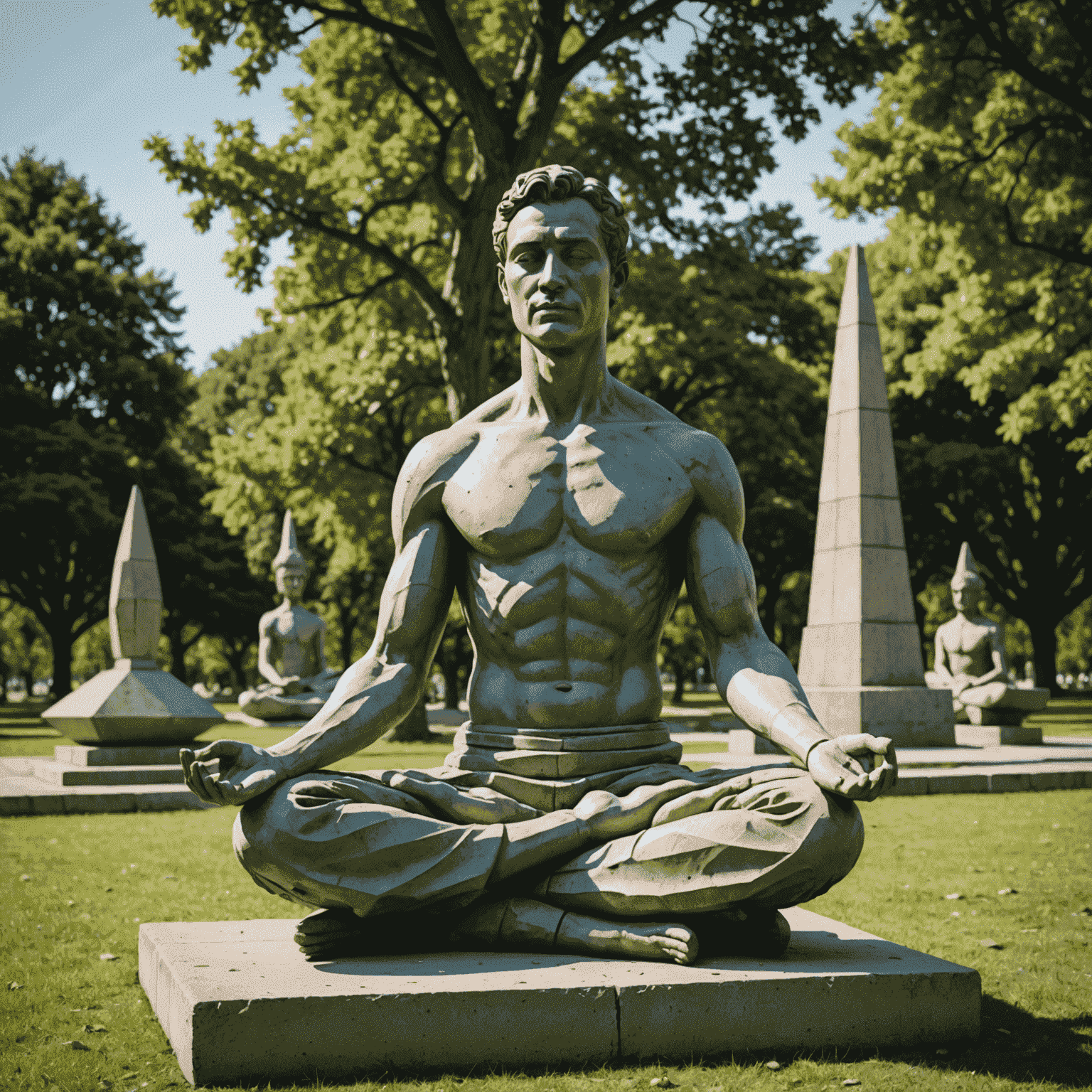 Pedro praticando ioga em um parque com esculturas brutalistas