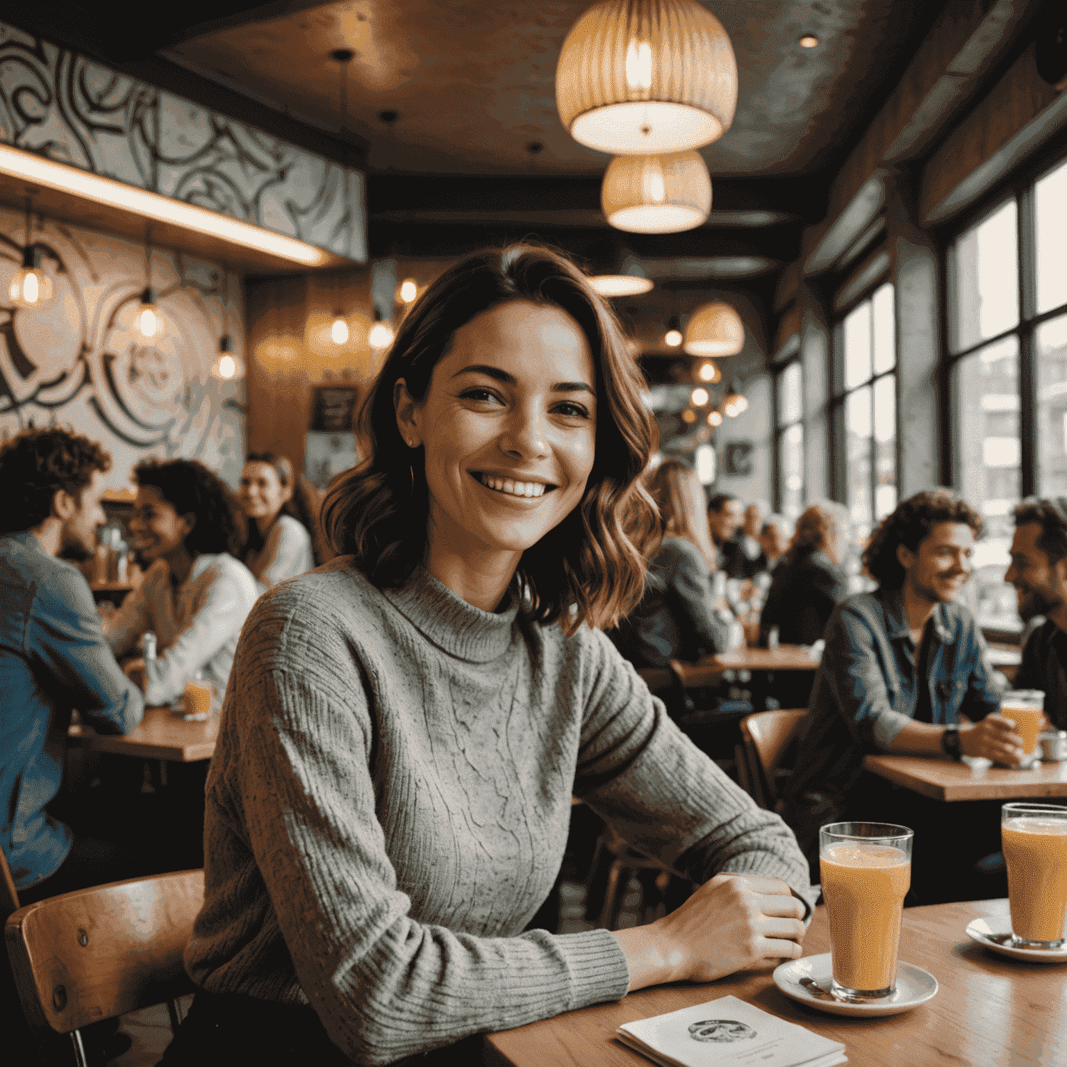 Carla sorrindo em um encontro com amigos em um café com decoração brutalista